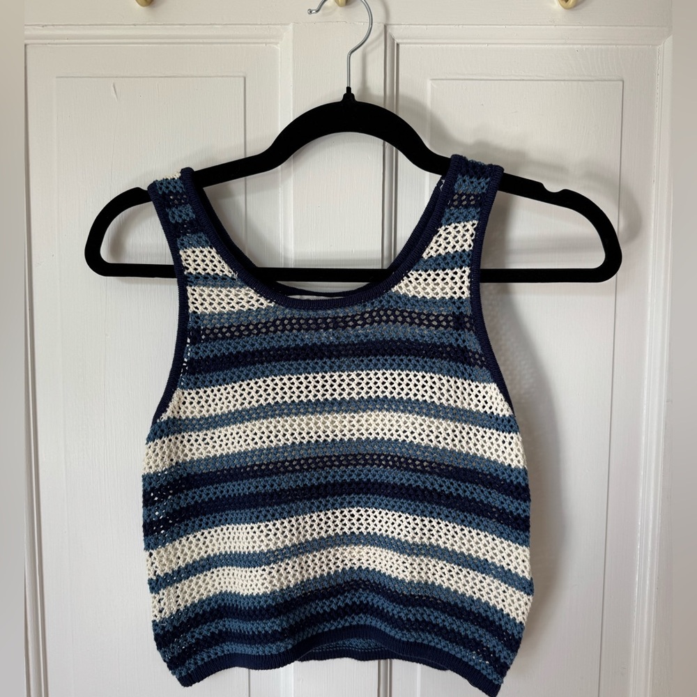 C&C California Blue and White Striped Crochet Crop Top